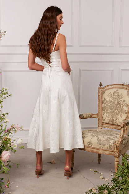 White Floral Jacquard Beaded Sweetheart Neckline Midi Evening Dress with Slit