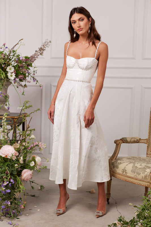 White Floral Jacquard Beaded Sweetheart Neckline Midi Evening Dress with Slit