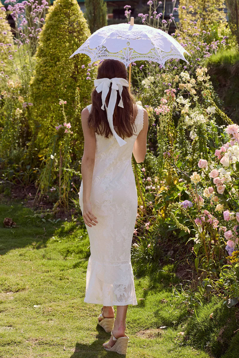 White Floral Lace Midi Dresses with Square Neck Ruffled Trim Sleeveless Design and Flared Mermaid Skirt