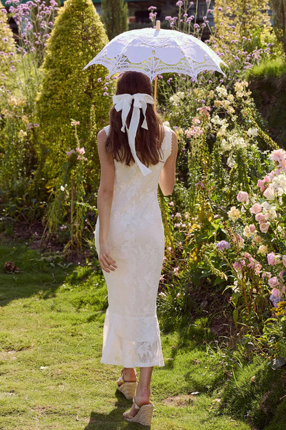 White Floral Lace Midi Dresses with Square Neck Ruffled Trim Sleeveless Design and Flared Mermaid Skirt