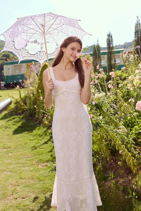 White Floral Lace Midi Dresses with Square Neck Ruffled Trim Sleeveless Design and Flared Mermaid Skirt