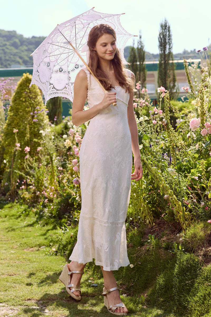 White Floral Lace Midi Dresses with Square Neck Ruffled Trim Sleeveless Design and Flared Mermaid Skirt