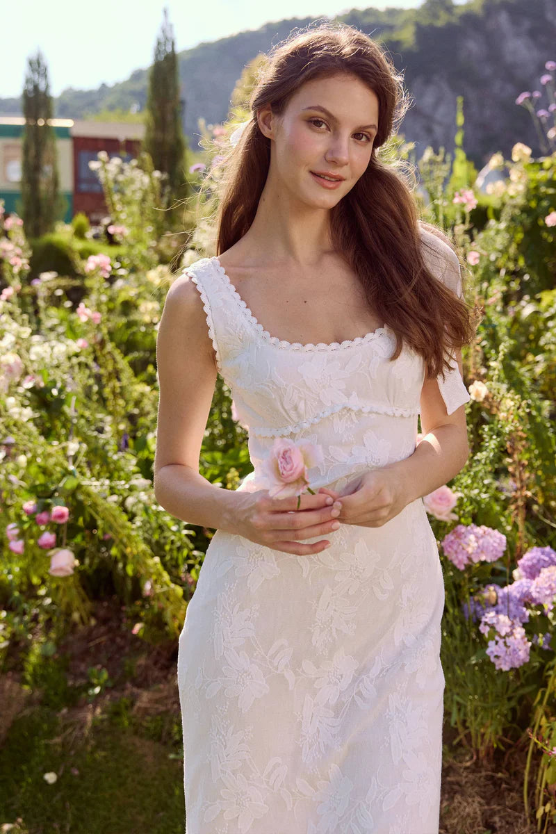White Floral Lace Midi Dresses with Square Neck Ruffled Trim Sleeveless Design and Flared Mermaid Skirt