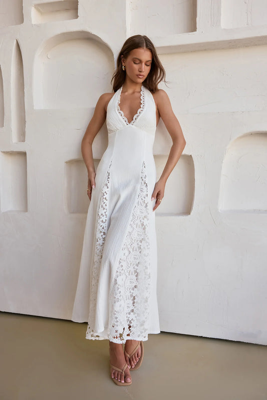 White Halter Neck Prom Dress With Lace Trim Sleeveless And A Line Casual Prom Dress