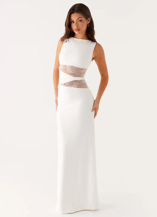 White Lace Insert Twisted Waist Sleeveless Backless Maxi Prom Dress Formal Evening Gown