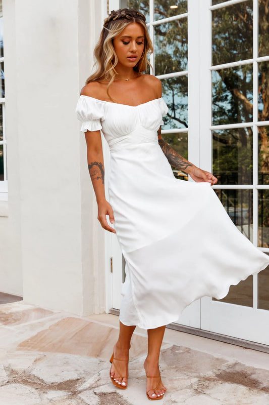 White Off-the-Shoulder Puff Sleeve Tie Back Midi Prom Dress