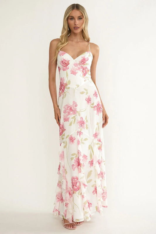 White Pink Floral Print Spaghetti Strap Lace-Up Back Ruffled Chiffon Floor Length Formal Evening Prom Dress