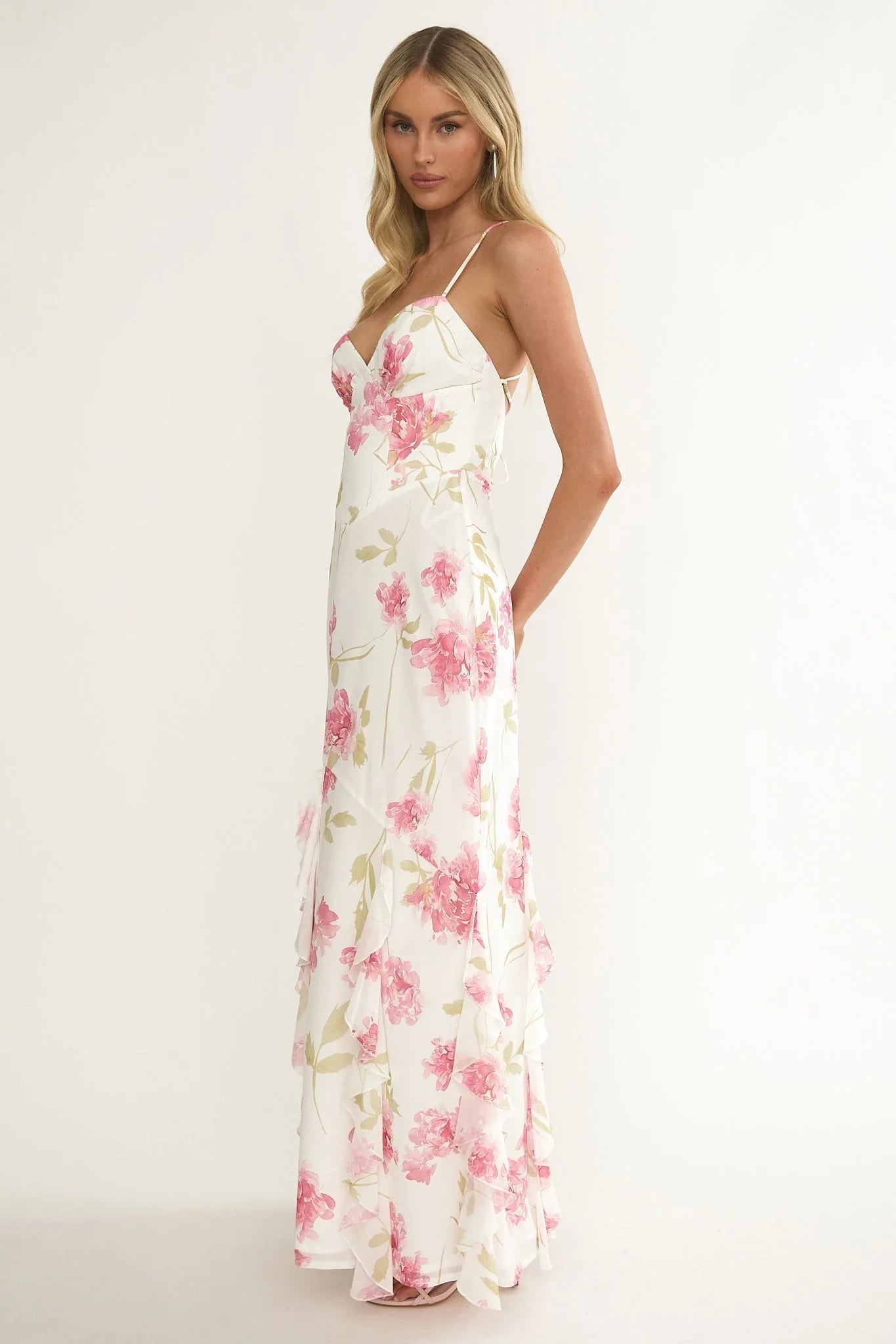 White Pink Floral Print Spaghetti Strap Lace-Up Back Ruffled Chiffon Floor Length Formal Evening Prom Dress