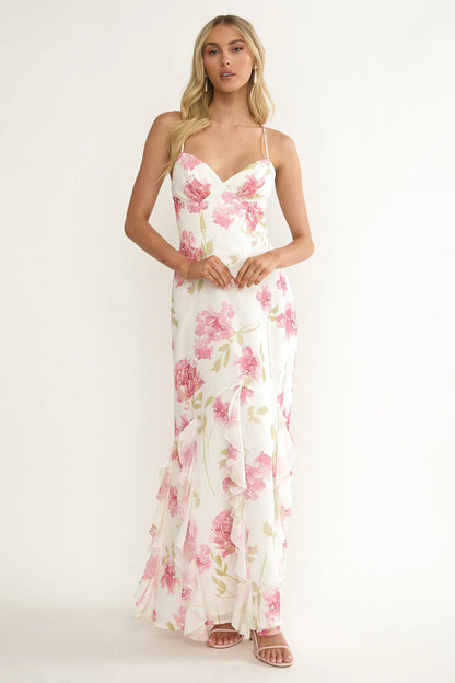 White Pink Floral Print Spaghetti Strap Lace-Up Back Ruffled Chiffon Floor Length Formal Evening Prom Dress