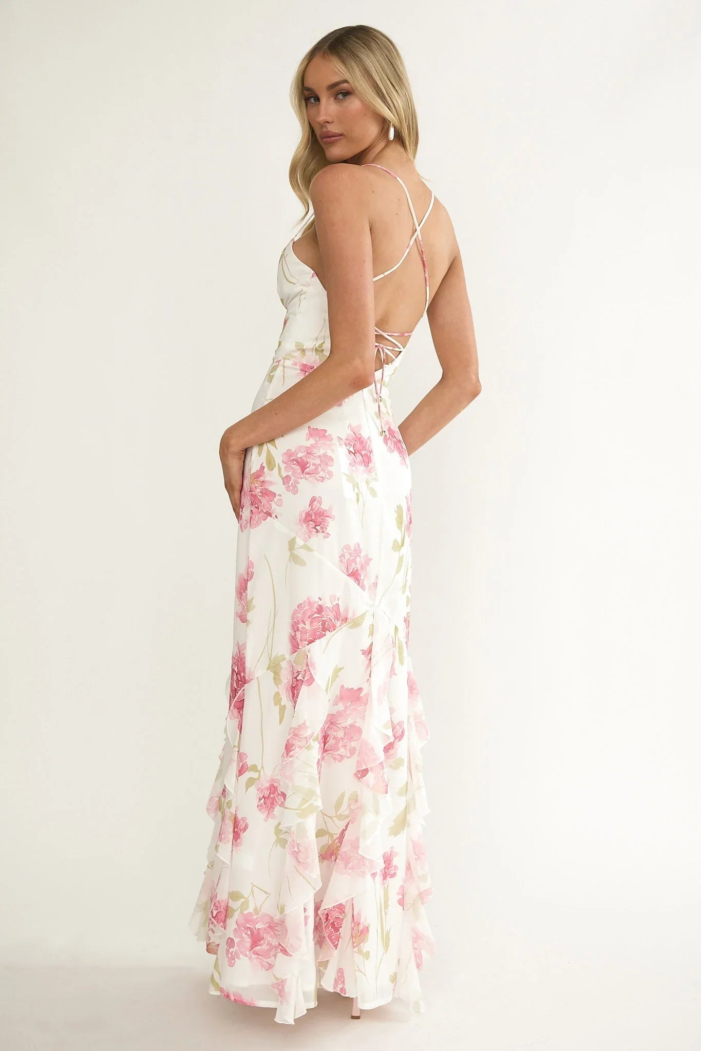 White Pink Floral Print Spaghetti Strap Lace-Up Back Ruffled Chiffon Floor Length Formal Evening Prom Dress