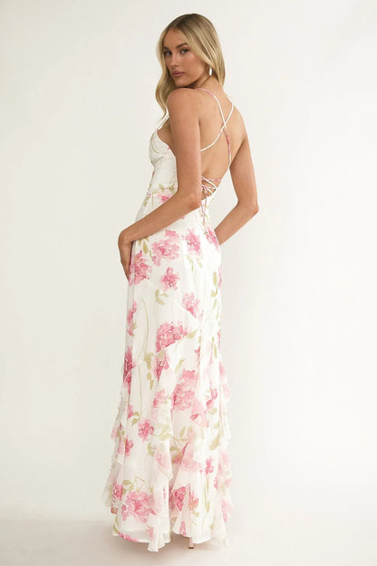 White Pink Floral Print Spaghetti Strap Lace-Up Back Ruffled Chiffon Floor Length Formal Evening Prom Dress