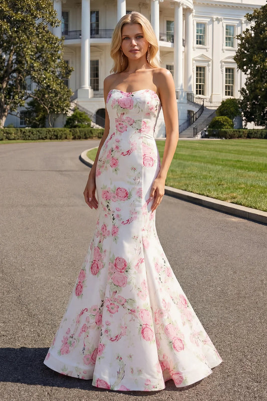 White Pink Floral Strapless Mermaid Maxi Prom Dress with Lace-Up Back and Train