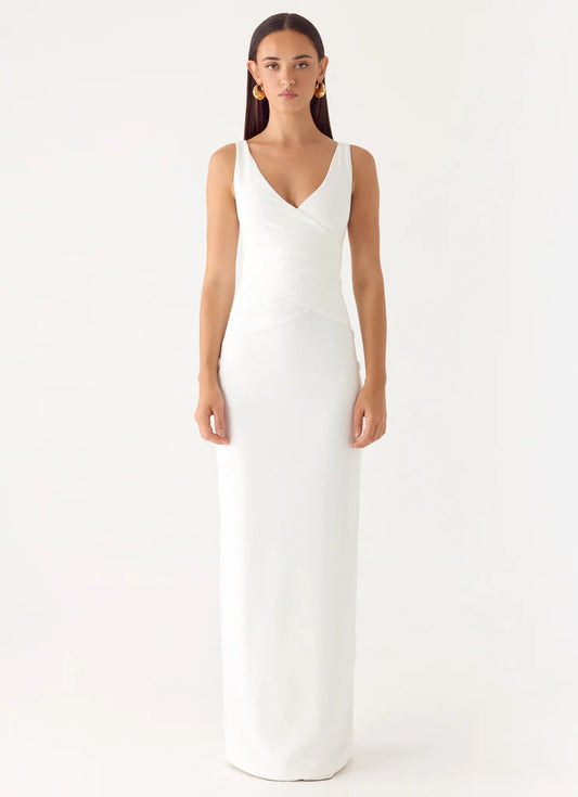White Ruched Deep V Neck Prom Dress Sleeveless Maxi Gown with Wrap Bodice