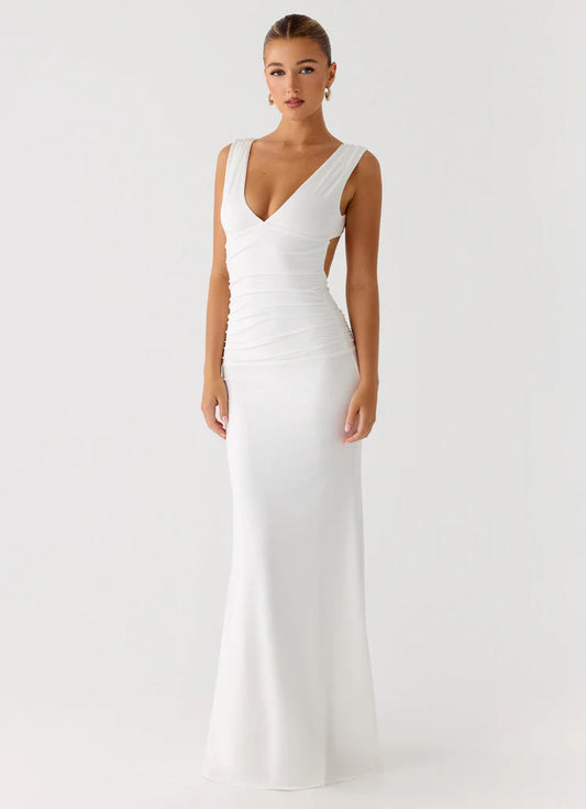 White Ruched Open Back Prom Dress Deep V Neck Maxi Gown with Cutout