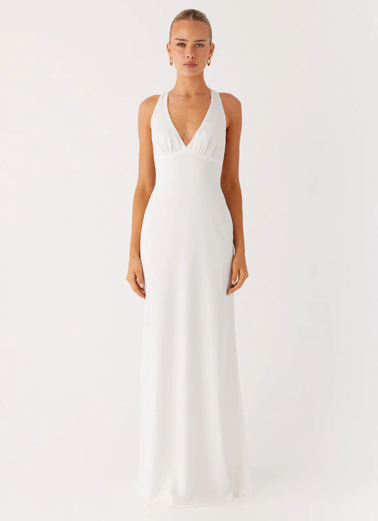 White Satin Halter Neck Prom Dress Cross Back Maxi Gown with Ruched Bust