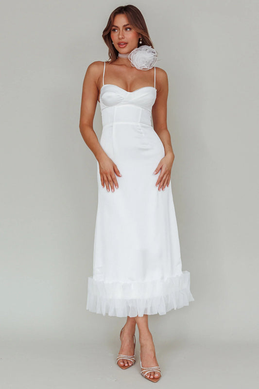 White Satin Sweetheart Neck Tulle Ruffle Hem Midi Prom Dress