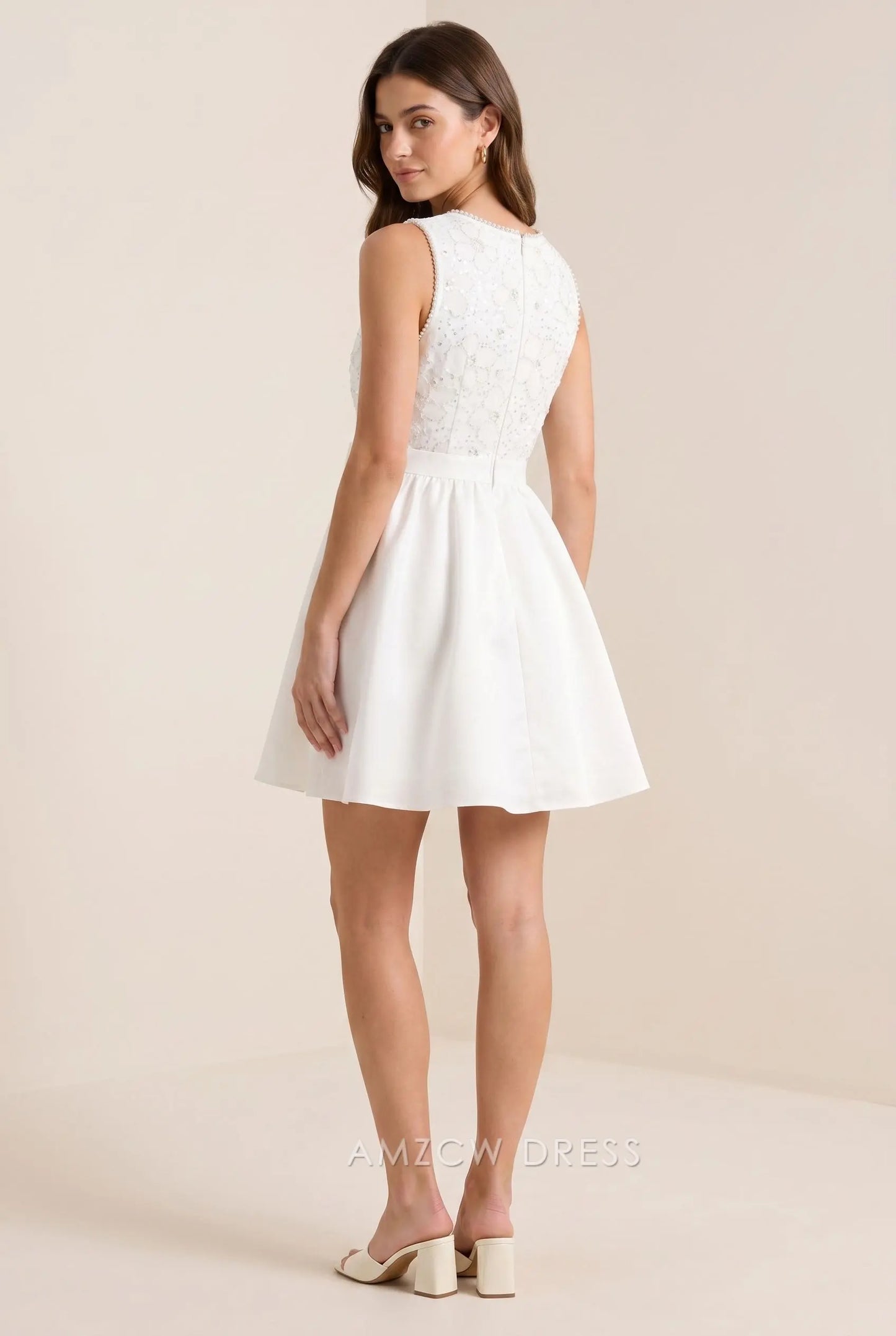 White Sleeveless Floral Lace Rhinestone Applique Waist Bow Flared Skirt Mini Homecoming Dress
