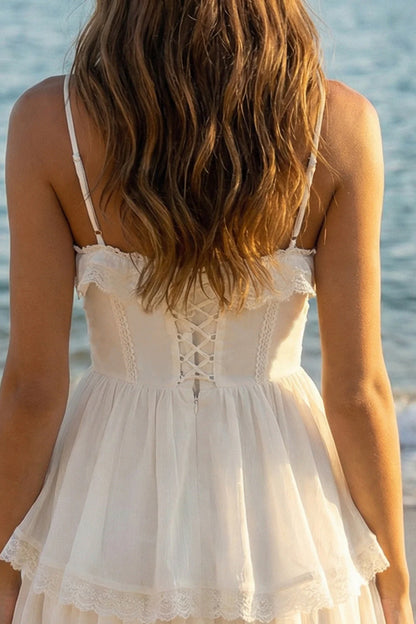 White Spaghetti Strap Corset Homecoming Dress with Lace Trim and Tiered Ruffle Skirt