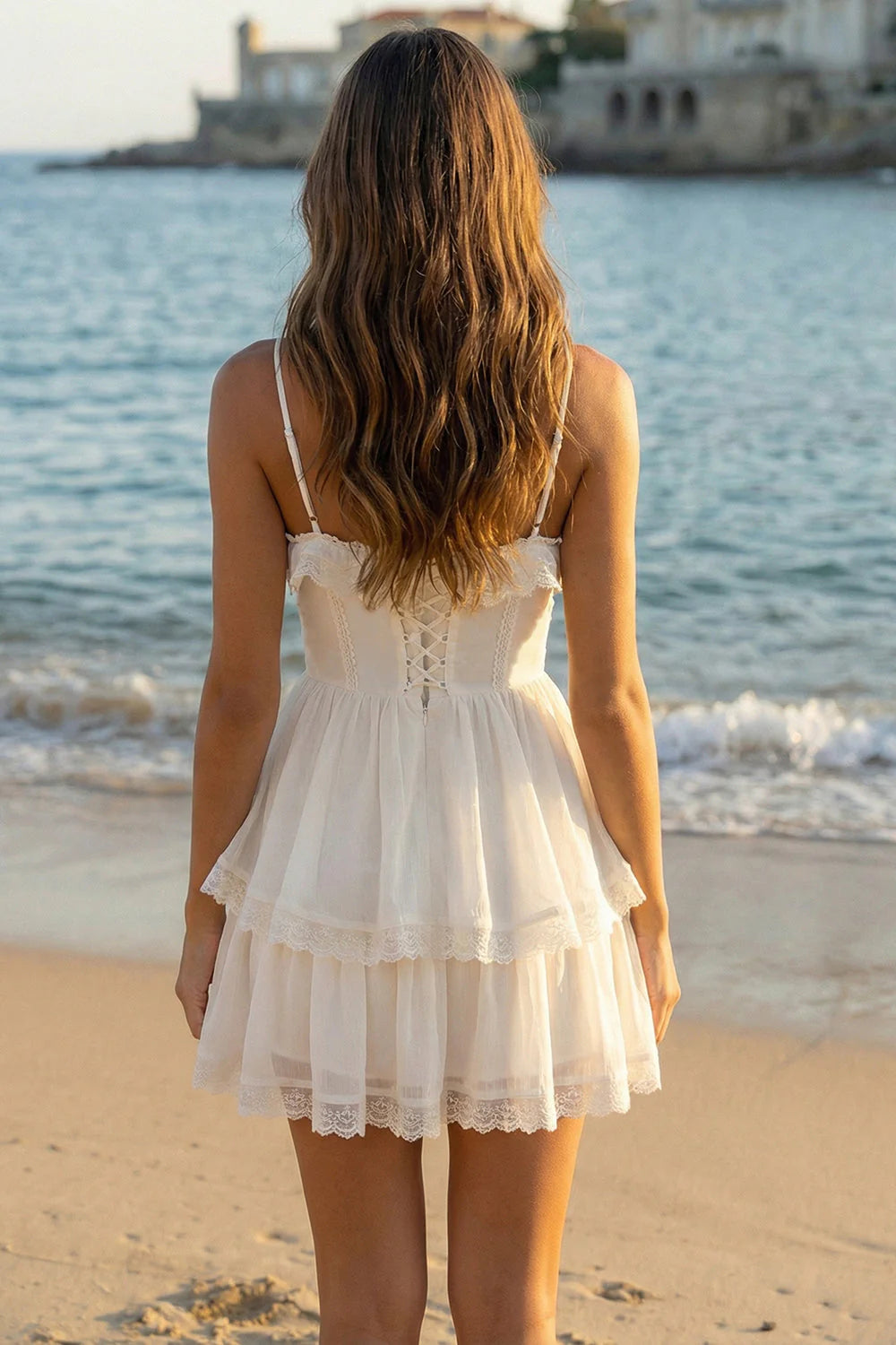White Spaghetti Strap Corset Homecoming Dress with Lace Trim and Tiered Ruffle Skirt