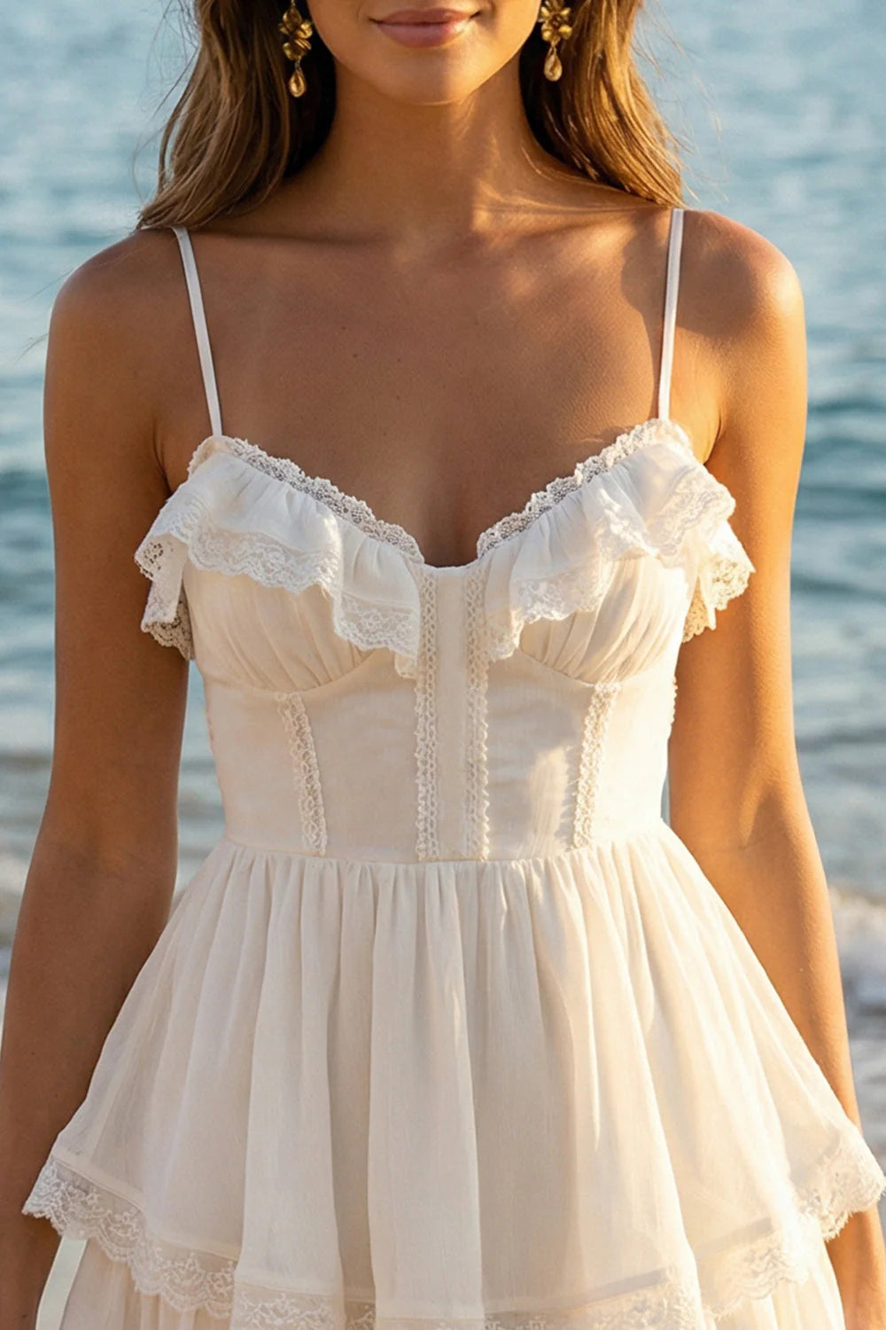 White Spaghetti Strap Corset Homecoming Dress with Lace Trim and Tiered Ruffle Skirt