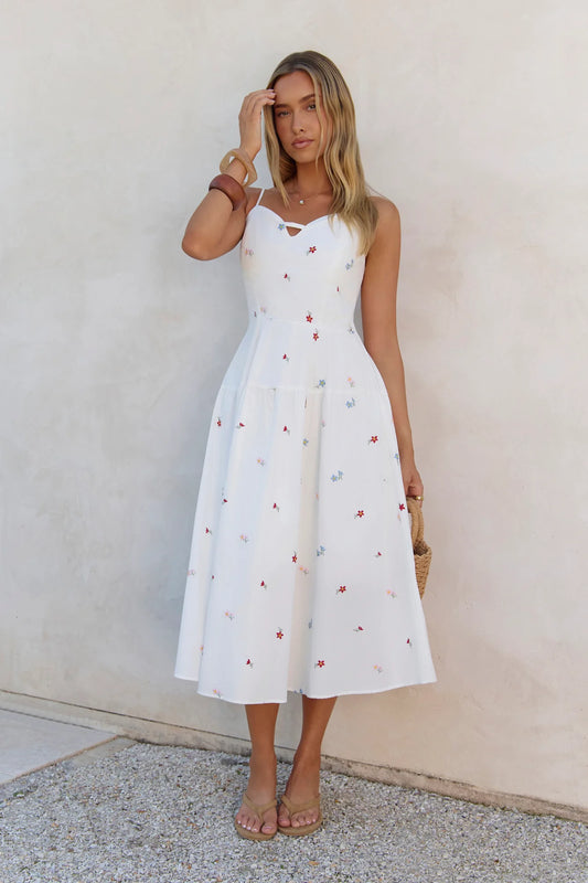 White Spaghetti Strap Prom Dress With Sweetheart Neck Floral Embroidery And Cotton A Line Casual Prom Dress