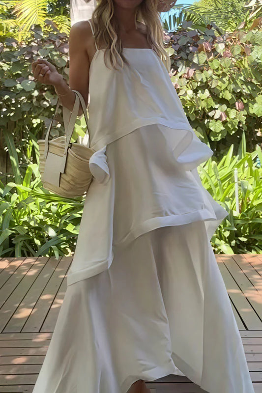 White Spaghetti Strap Prom Dress With Square Neck Ruffle Tiered A Line Boho Prom Dress