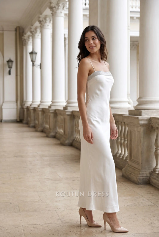 White Spaghetti Strap Rhinestone Trim Satin Formal Evening Prom Dress
