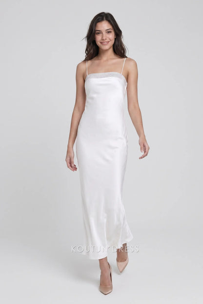 White Spaghetti Strap Rhinestone Trim Satin Formal Evening Prom Dress