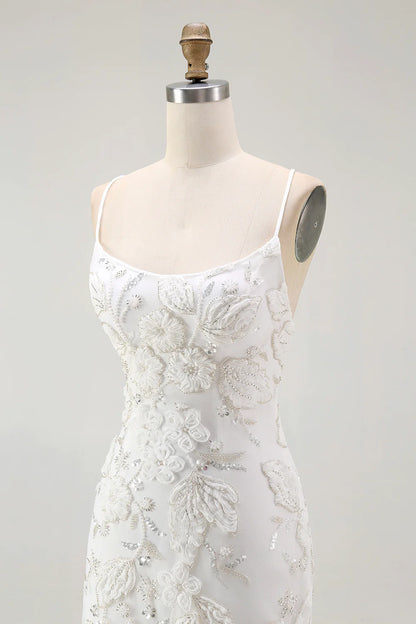 White Spaghetti Strap Scoop Neck Floral Applique Bodycon Homecoming Dress with Lace-Up Back and Slit Hem