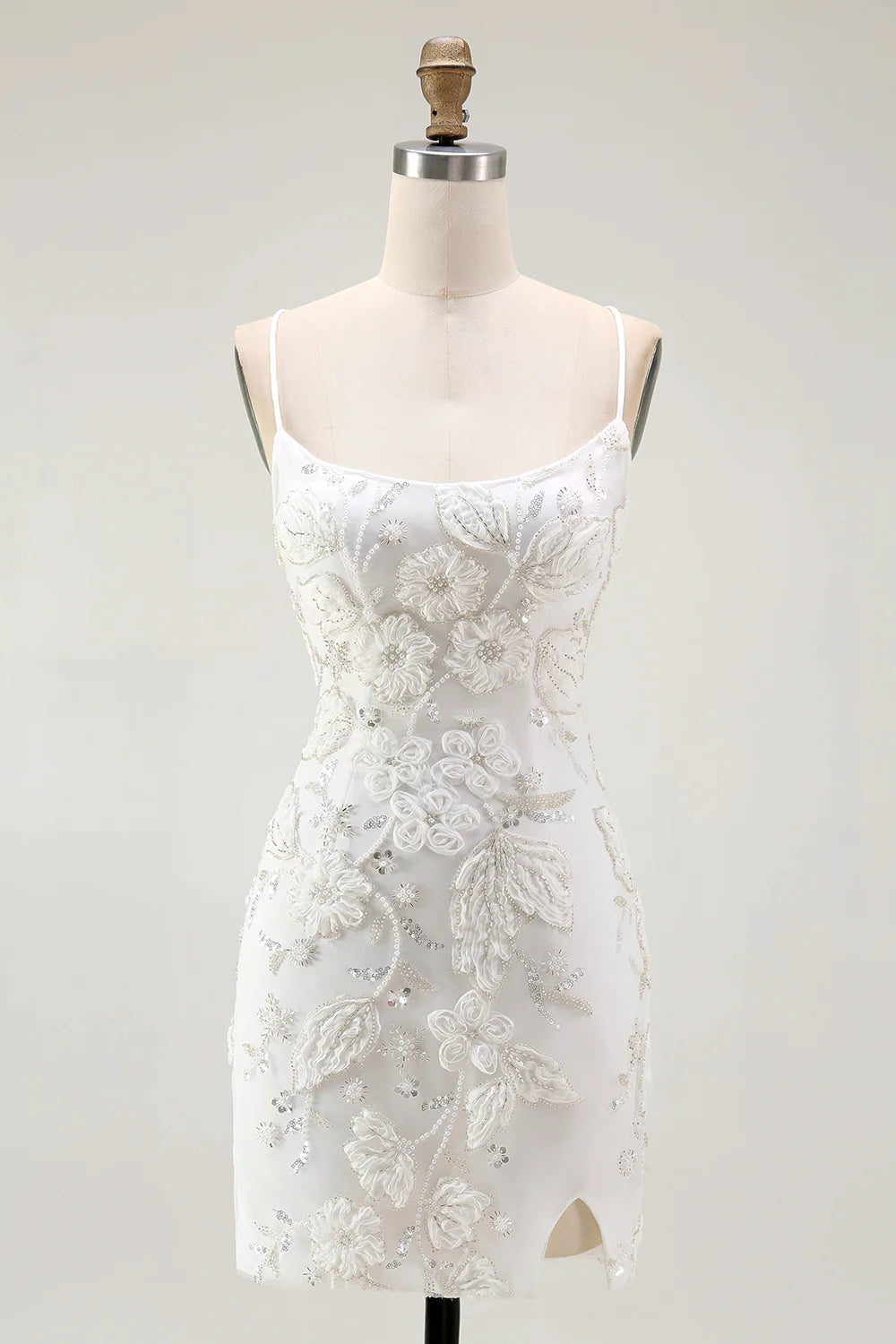 White Spaghetti Strap Scoop Neck Floral Applique Bodycon Homecoming Dress with Lace-Up Back and Slit Hem