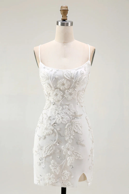 White Spaghetti Strap Scoop Neck Floral Applique Bodycon Homecoming Dress with Lace-Up Back and Slit Hem