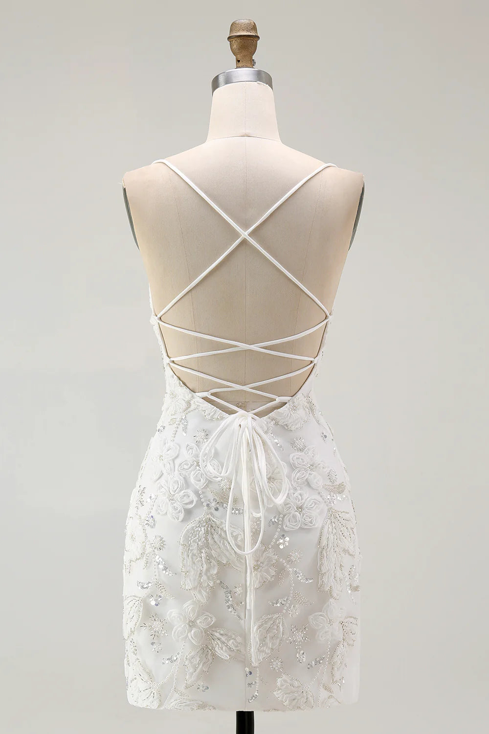 White Spaghetti Strap Scoop Neck Floral Applique Bodycon Homecoming Dress with Lace-Up Back and Slit Hem