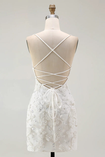 White Spaghetti Strap Scoop Neck Floral Applique Bodycon Homecoming Dress with Lace-Up Back and Slit Hem