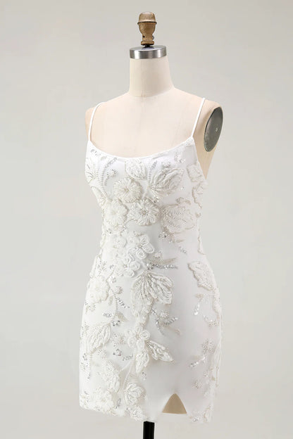 White Spaghetti Strap Scoop Neck Floral Applique Bodycon Homecoming Dress with Lace-Up Back and Slit Hem