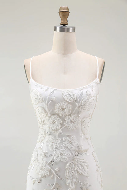 White Spaghetti Strap Scoop Neck Floral Applique Bodycon Homecoming Dress with Lace-Up Back and Slit Hem