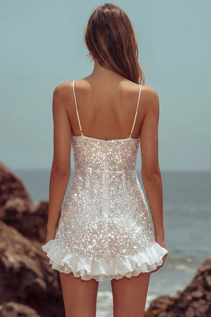 White Spaghetti Strap Sweetheart Homecoming Dress with Allover Sequins and Ruffled Hem