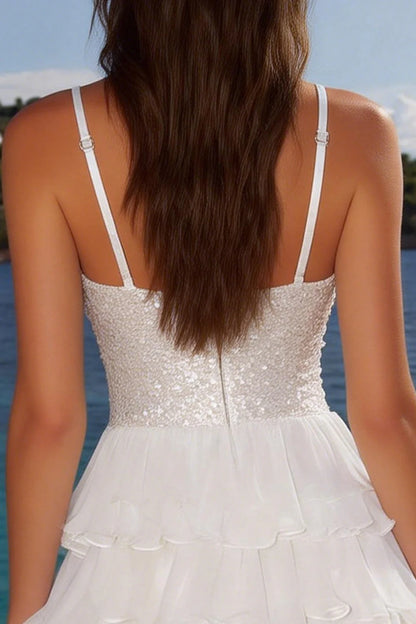 White Spaghetti Strap V-Neck Homecoming Dress with Sequin Bodice and Tiered Ruffle Chiffon Skirt