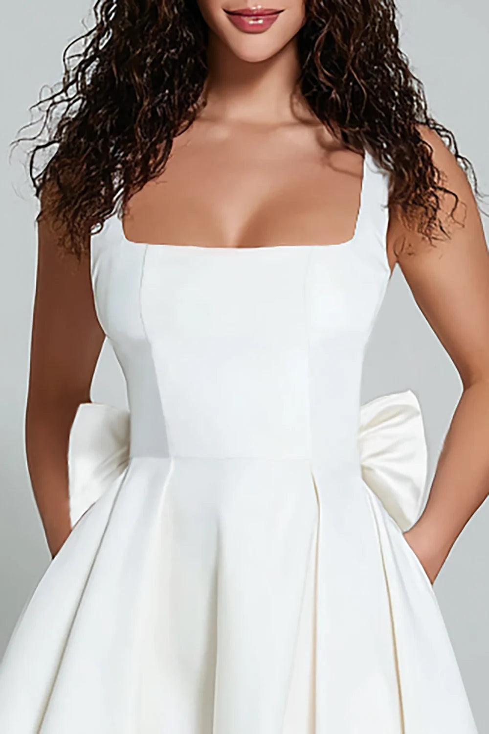 White Square Neck Homecoming Dress with Oversized Bow Back, Fit and Flare Skirt and Pockets