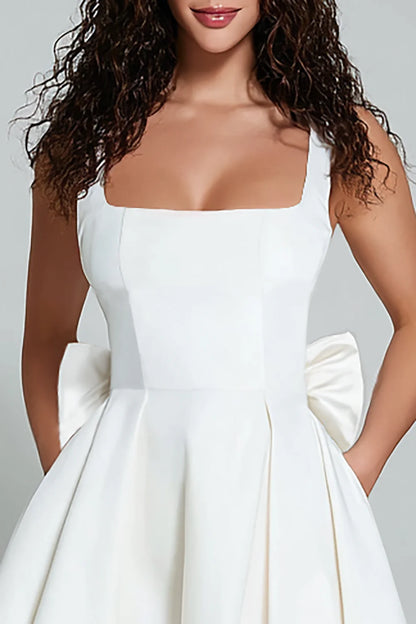White Square Neck Homecoming Dress with Oversized Bow Back, Fit and Flare Skirt and Pockets