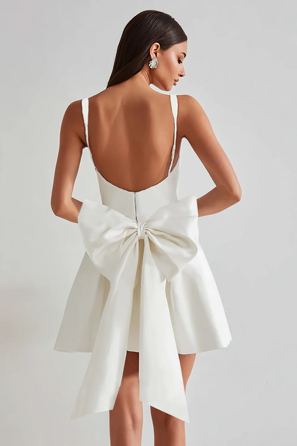 White Square Neck Homecoming Dress with Oversized Bow Back, Fit and Flare Skirt and Pockets