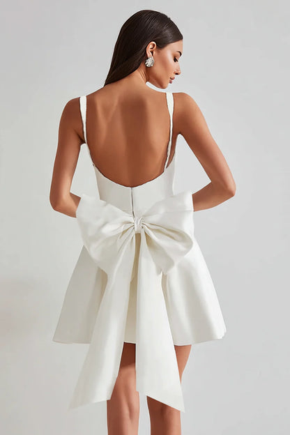 White Square Neck Homecoming Dress with Oversized Bow Back, Fit and Flare Skirt and Pockets
