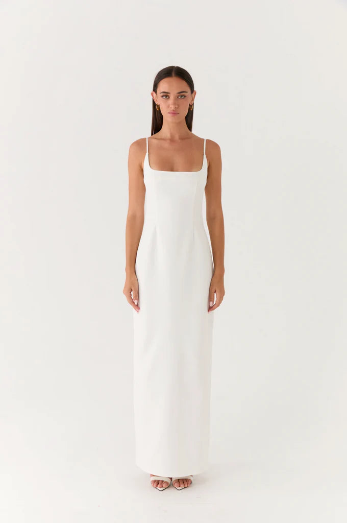 White Square Neck Off Shoulder Thin Strap Back Slit Maxi Prom Dress