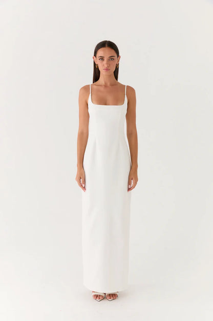 White Square Neck Off Shoulder Thin Strap Back Slit Maxi Prom Dress