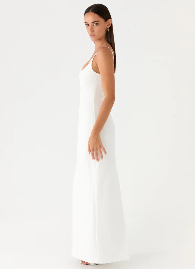 White Square Neck Off Shoulder Thin Strap Back Slit Maxi Prom Dress