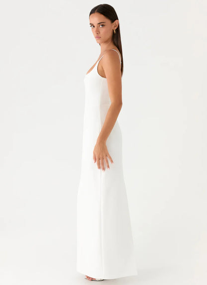 White Square Neck Off Shoulder Thin Strap Back Slit Maxi Prom Dress