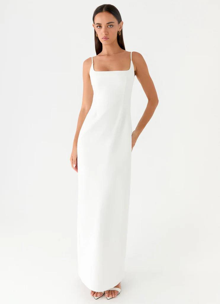 White Square Neck Off Shoulder Thin Strap Back Slit Maxi Prom Dress