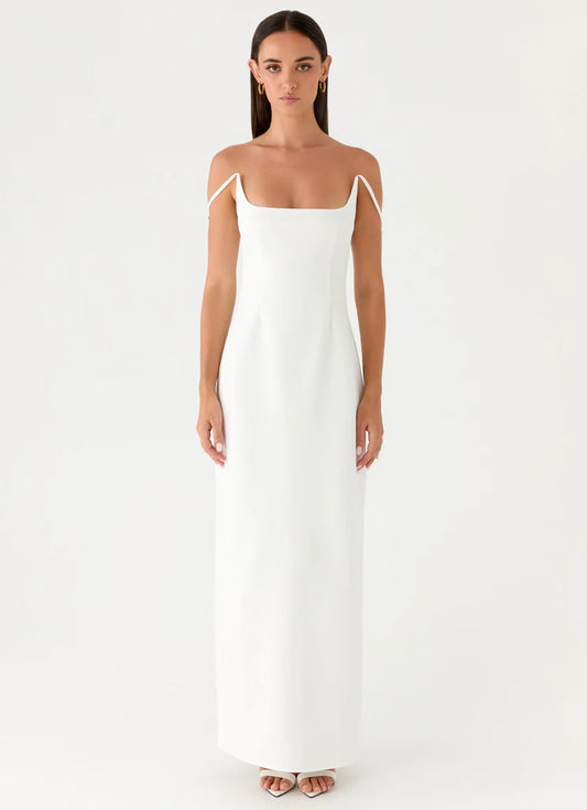 White Square Neck Off Shoulder Thin Strap Back Slit Maxi Prom Dress