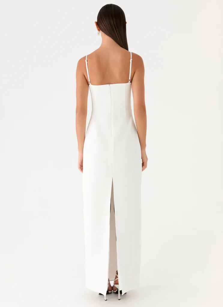 White Square Neck Off Shoulder Thin Strap Back Slit Maxi Prom Dress