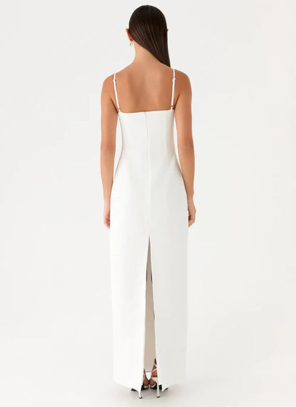White Square Neck Off Shoulder Thin Strap Back Slit Maxi Prom Dress
