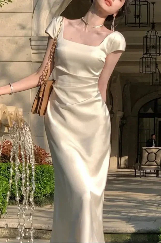 White Square Neck Prom Dress With Cap Sleeves Formal Prom Dress